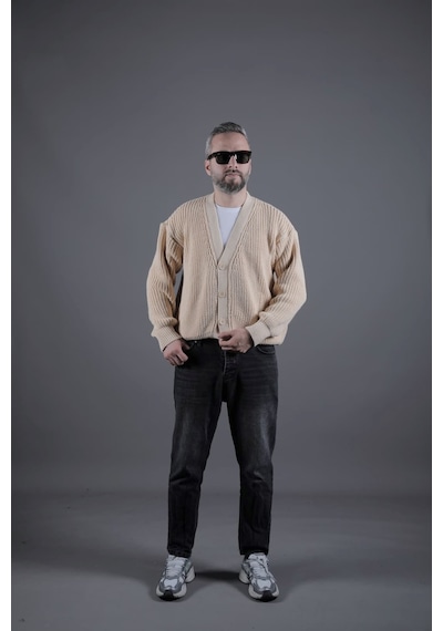 Dokulu Oversize Erkek Kalın Hırka Krem