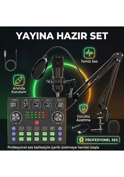 Profesyonel Mikrofon Seti Ses Kartlı Yayıncı Podcast Gaming Full Set Stüdyo Kalitesi Mikrofon