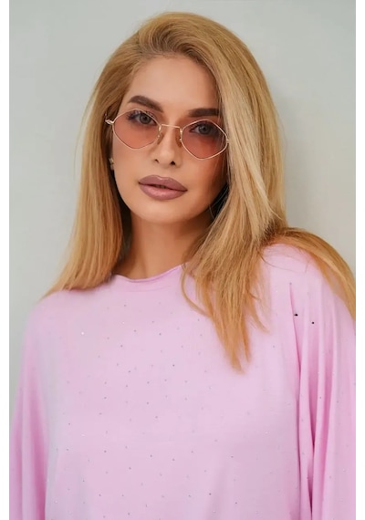 Park Karon Kadın Taş İşlemeli Yarasa Kol Viskon Penye Bluz 26063 Pembe
