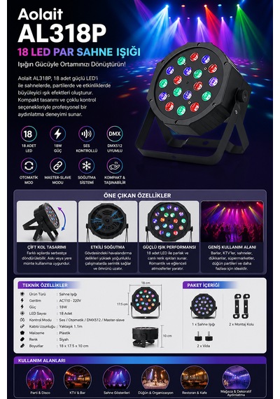 Aolait Al318p 18 Led Par Sahne Işığı 18w Dmx512 Ses Kontrollü Disko Parti Işığı Siyah