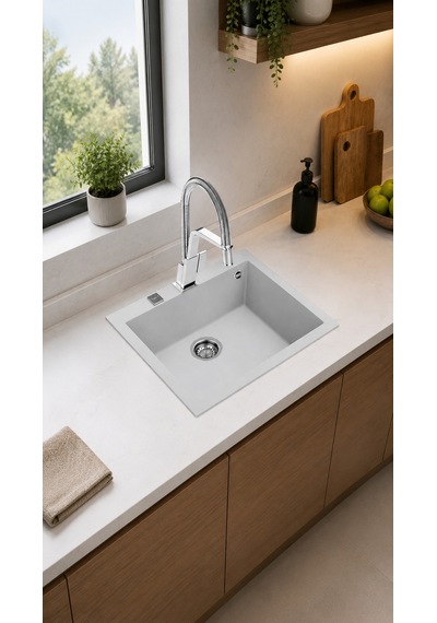 Square 55 48 Tek Göz Granit Evye Beyaz 115230009