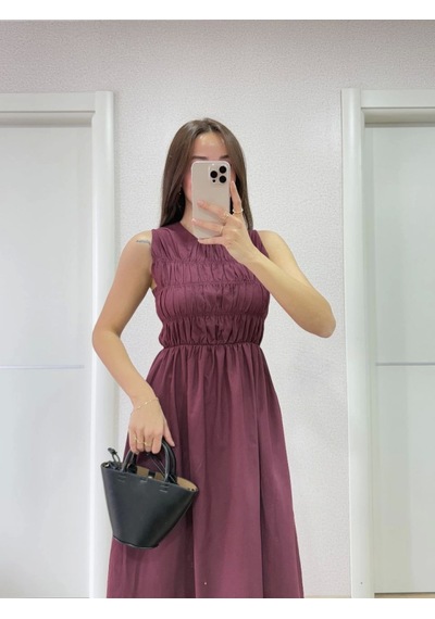 Dogutrend Kolsuz Göğüs Lastıklı Uzun Elbise - Bordo
