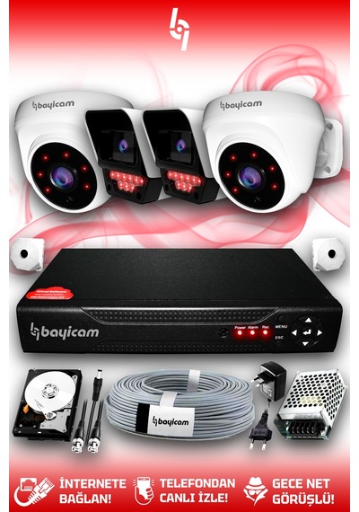 Bayicam 4 Kameralı Süper 2 İç Kamera Set 1 TB 5 MP 2K Net Gece Görüşlü Güvenlik Kamerası Sistemi