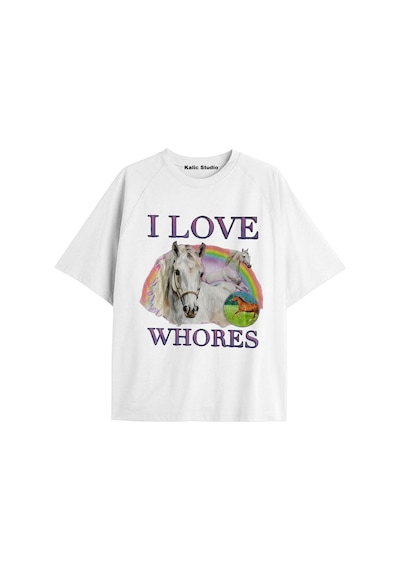Kalic Studio Özel Baskılı Oversize Pamuklu I Love Whores T-shirt Beyaz