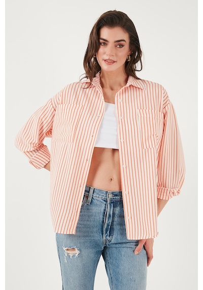 Lela Regular Fit Uzun Kollu Çizgili Bayan Gömlek 6772875 Oranj