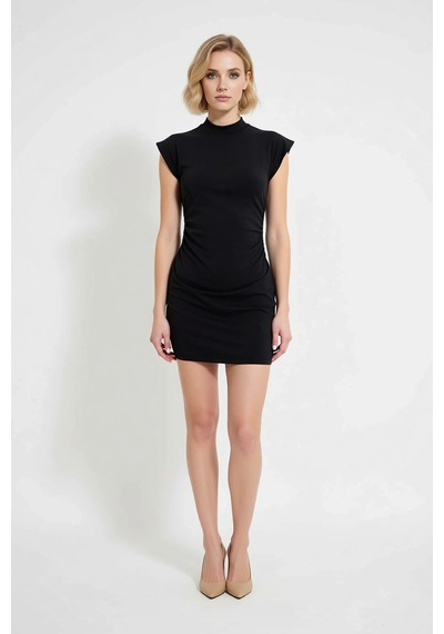 Benerly Kadın Kolsuz Bisiklet Yaka Bodycon Mini Elbise Büzgülü Detaylı Mi Siyah