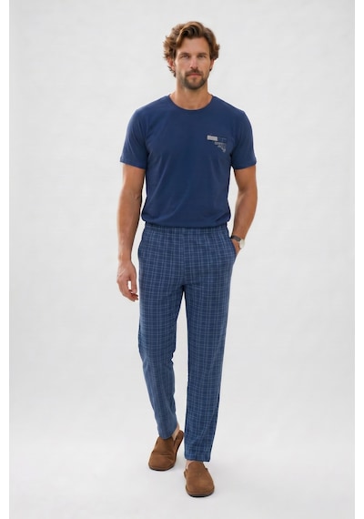 Tudors Erkek Standart Fit Normal Kesim Pamuklu Bisiklet Yaka Kısa Kollu Lastikli Lacivert Pijama Takımı-51139
