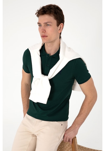 U.S. Polo Assn. Erkek Slim Fit Polo Yaka Koyu Yeşil Basic Tişört 50298011-VR079