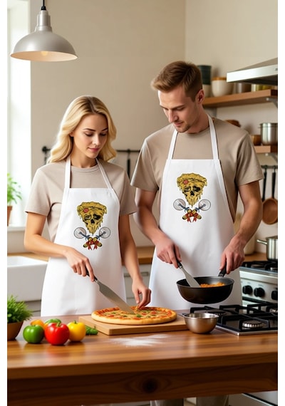 Erkek Unisex Aşçı Önlüğü Eritilmiş Pizza İskelet Baskılı Mutfak G Beyaz
