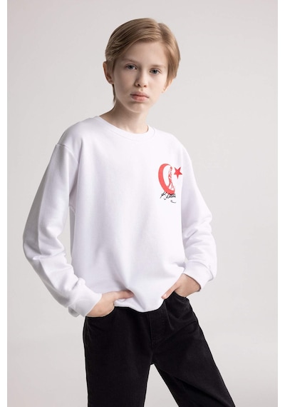 DeFacto Erkek Çocuk Beyaz Bisiklet Yaka Atatürk Baskılı Nakışlı Sweatshirt D8200A824WNWT34