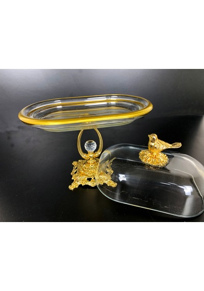 Elta Collection Kuş Figürlü Gold Metal Kristal Ayaklı Sunumluk Tereyağlık Peynirlik Kahvaltılık Gold