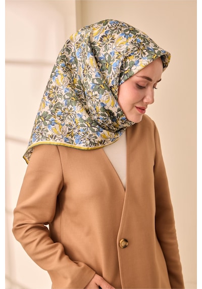 Silk Home Twill İpek Eşarp 11477-13 Ekru, Mavi, Yağ Yeşili, Asit Yeşili, Koyu Yeşili