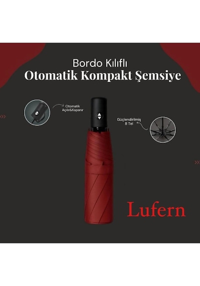 Lufern Modern Bordo Kılıflı Otomatik Kompakt Şemsiye Rüzgarda Kırılmayan 8 Telli Su Geçirmez Seyahat Ofis Çok Renkli