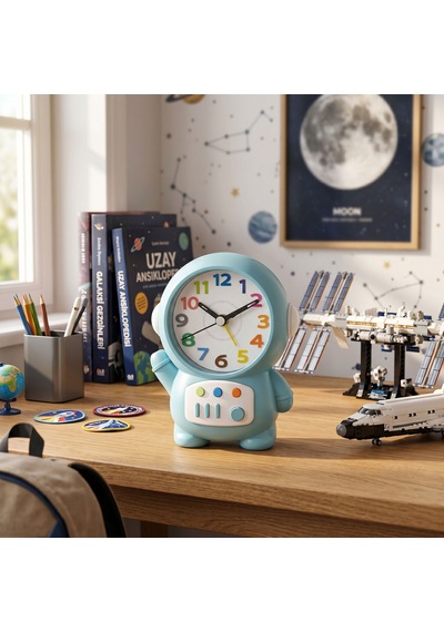 Joyroom Astronot Tasarımlı Dekoratif Çocuk Odası Masa Saati - Sessiz Çalışan Masaüstü Saati - Mavi Beyaz Renkli Sayılar 04184581
