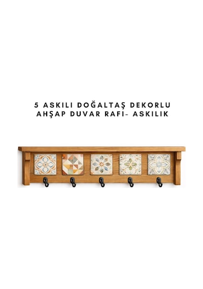 5askılı Doğaltaş Dekorlu Ahşap Duvar Düzenleyici Giriş Holü Anahtarlığı, Mutfak Ve Banyo Duvar Rafı 42x12-5 Askılı