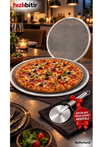 Bymyhand Metal Sanayi Tipi Profesyonel Pizza Tepsisi 2'li Set 28 32 Cm Pizza Kesici Hediyeli Büyük B Çok Renkli