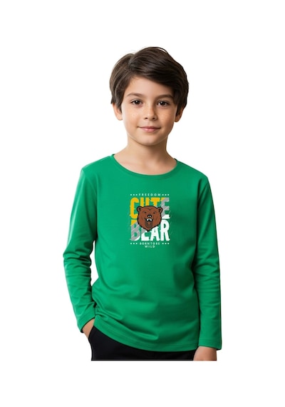 Panios Kids Düz Yuvarlak Yaka Cutte Bear Baskı Detaylı Erkek Çocuk Sweatshirt Yeşil
