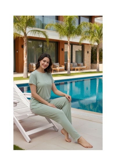 Rindahomewear Kadın Fitili Kısa Kol Pijama Takımı Yeşil