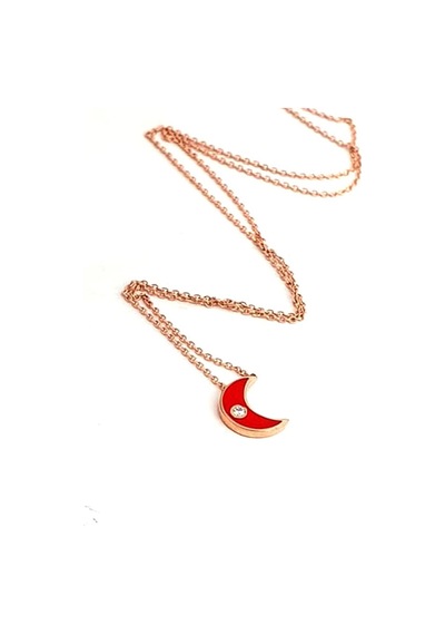 Kırmızı Mine Işçiliği Ay Figürlü Gümüş Rose Minimal Kolye