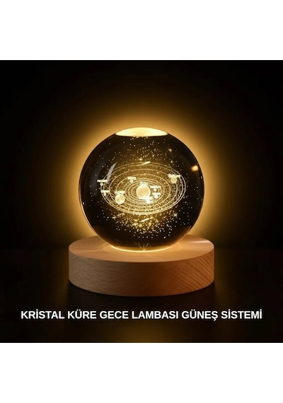Ahşap Standlı Led Kristal Küre Lazer İşlemeli Dekoratif Obje Çok Renkli