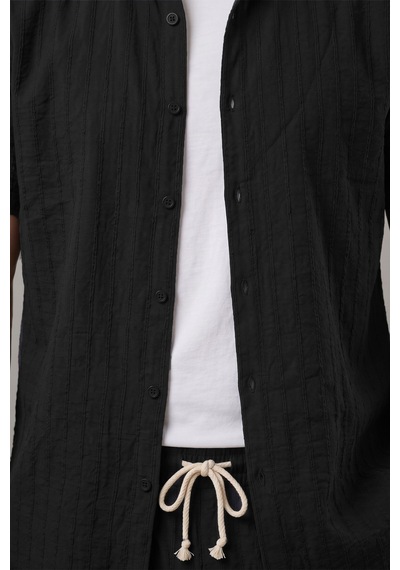 Rizzup Siyah Slim Fit Çizgi Dokulu Keten Görünümlü Kısa Kol Erkek Spor Gömlek 2602648