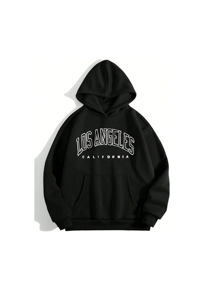Los Angeles California Sweatshirt - Siyah Baskılı Oversize Kışlık Kalın Kapüşonlu Siyah