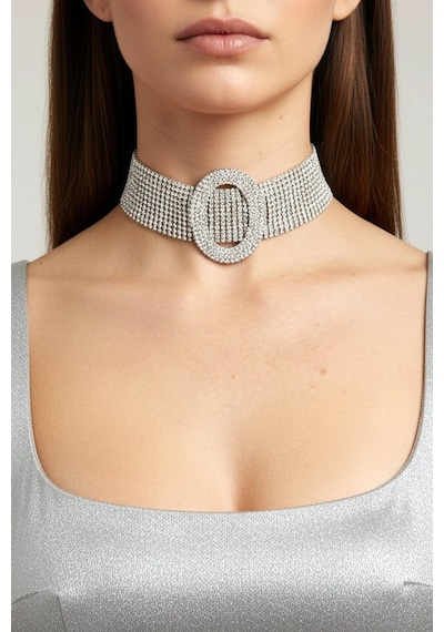 Valmont Accessories Kristal Taşlı 25+10 Cm Choker Işıltılı Şık Kadın 11 Sıra Su Yolu Tasma Kolye Gümüş