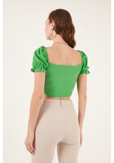Lela Slim Fit Büzgü Detaylı Kalp Yaka Crop Bayan Bluz 5865601 Benetton