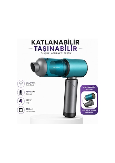 20.000 Pa Kablosuz Araç Süpürgesi 120w Güçlü Emiş 7800 Mah Şarjlı El Süpürgesi 8 Başlıklı Hepa Filtreli Mini Vakum Mavi