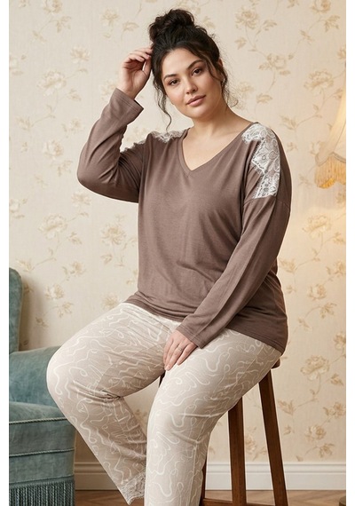 Siyah İnci Vizon Büyük Beden Battal Boy Viskon Örme Pijama Takım 26224852