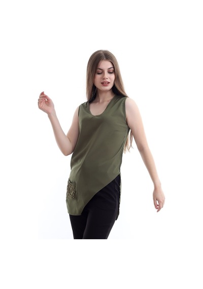 Self Clothing Kadın Yeşil V Yaka Cep Ve Yırtmaç Detaylı Bluz Slf1246-Yeşil