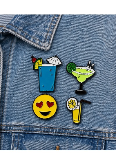 Yaz Temalı Kokteyl & Emoji 4'lü Metal Rozet Seti Renkli Emaye Rozet Gri