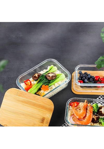 Qerhome Bambu Kapaklı 3'lü Diktörtgen Vakumlu Kase Cam Saklama Kabı 640-1000-1500 Ml Şeffaf