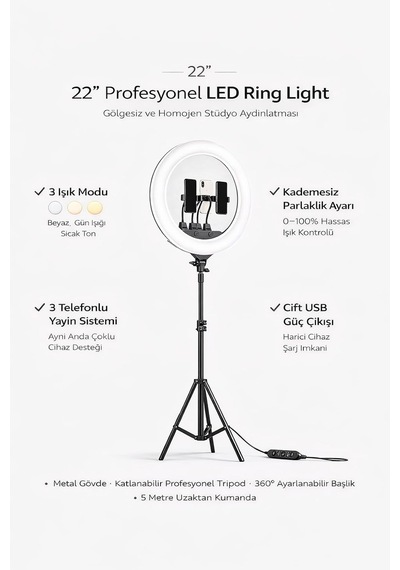 Tr 22 İnç Profesyonel Ring Light 3 Telefon Tutuculu, 3 Işık Modlu, Kademesiz Parlaklık Ayarlı, Çift Usb Çık