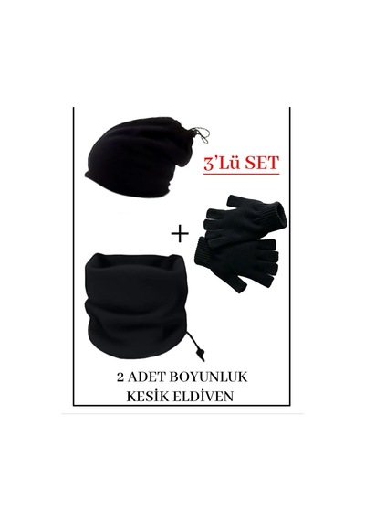 Bawcompany 3'lü Boyunluk Bere Eldiven Set Siyah
