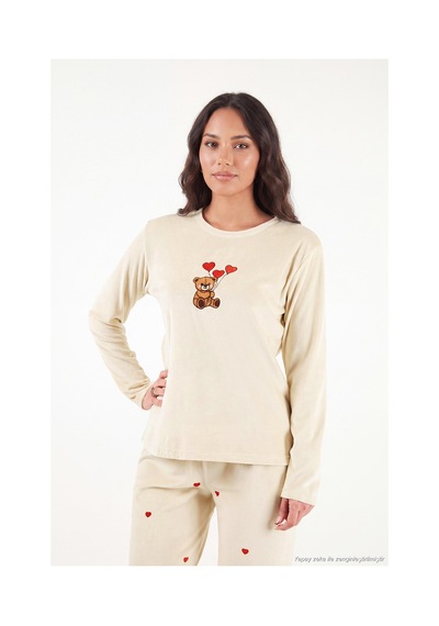 Lela Desenli Yumuşak Dokulu Uzun Kollu Pijama Takımı Kadın Pijama Takımı 65750155 Bej