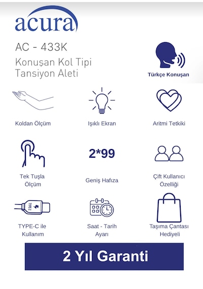 Acura AC-433K Türkçe Konuşan Koldan Tam Otomatik Tansiyon Aleti + Çanta