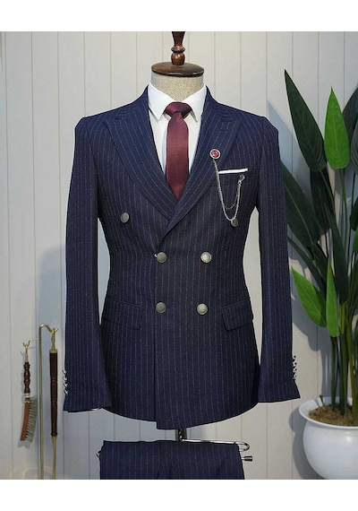 Bys Beystil Sivri Yaka Lacivert Çizgili Kruvaze Takım Elbise Togo - Slim Fit
