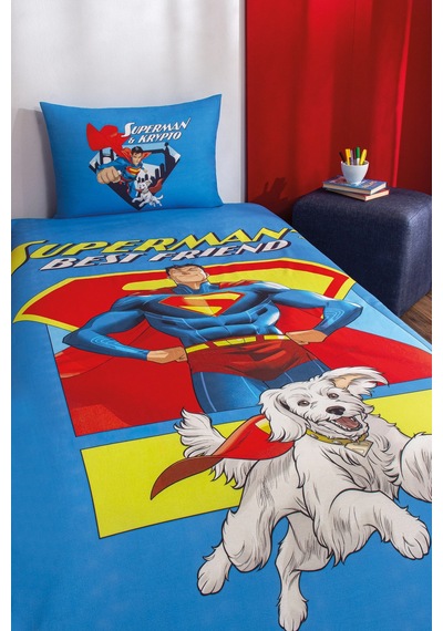 Özdilek Superman Best Friend Tek Kişilik Lisanslı Lastikli Çarşaf Çocuk Nevresim Takımı Mavi