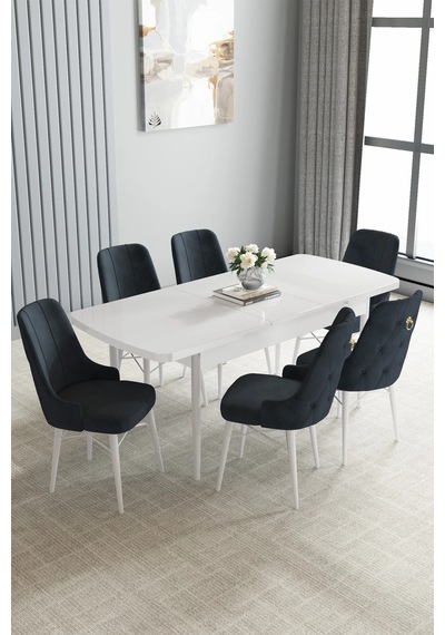 Zümra Serisi, Beyaz 80x132 Açılabilir Mdf Mutfak Masası Takımı 6 Adet Sandalye, Antrasit Zümra Serisi, Beyaz 80x132 Açılabilir Mdf Mutfak Masası Takımı 6 Adet Sandalye, Antrasit