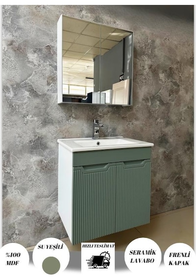 Banyo Dolabı Aynalı Cnc İşlemeli 65 Cm Yeşil