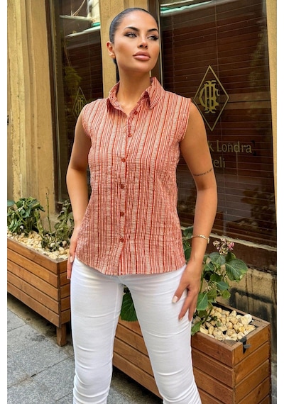 WeShaya Kadın Bordo Çizgili Desen, Dokulu Bodrum Kumaş, Kolsuz Rahat Gömlek Bordo
