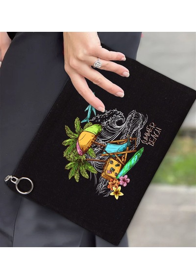 Bk Gift Yaz Temalı-9 Antrasit Siyah Portföy Çanta 30x21cm, Baskılı El Çantası, Organizer Çanta