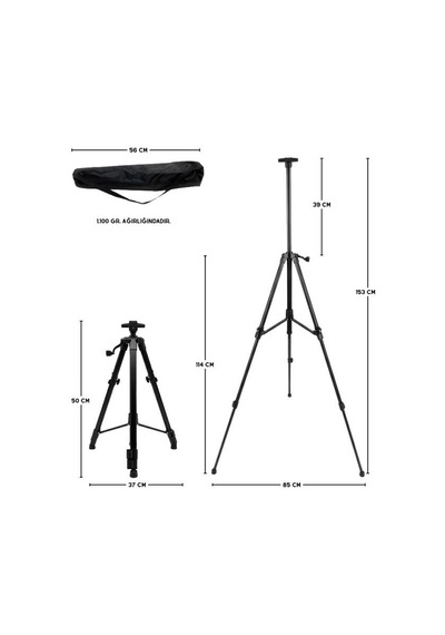 Katlanabilir Metal Tripod Şövale - Kollu Yükseklik Ayarlı, Taşıma Çantalı, Siyah