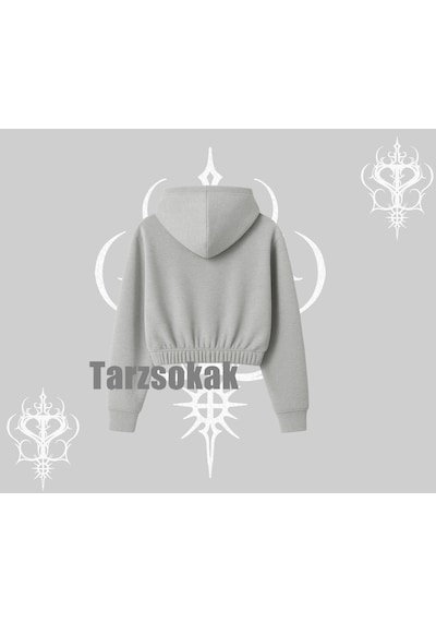 Keep Calm Yazılı Kedi Baskılı Streetwear Kapşonlu Crop Sweatshirt Gri