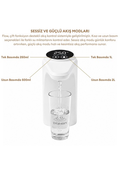 Pizen Flow Usb Şarjlı Otomatik Damacana Su Pompası Tds Ölçer 250ml 500ml 1l 2l Ölçü Özellikli Beyaz