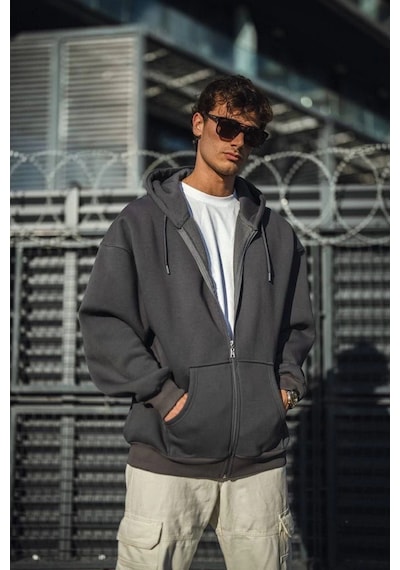 Erkek Tam Fermuarlı Cepli Kapüşonlu 3 İplik Pamuklu Hoodie Sweatshirt - Füme