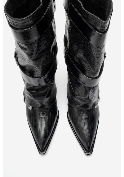 Luvi Shoes Ylva Siyah Çizgili Kemerli Kadın Topuklu Çizme