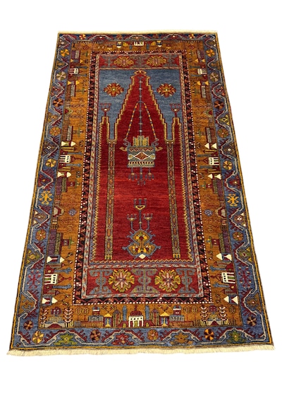 El Dokuması Koleksiyonluk Antika Mihraplı Yahyalı Halısı 107x190 Kök Boya %100 Yün Renkli