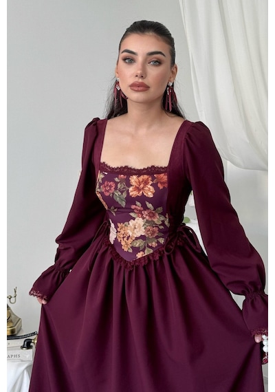Nils Boutique Vintage Korsajlı Midi Elbise Bordo